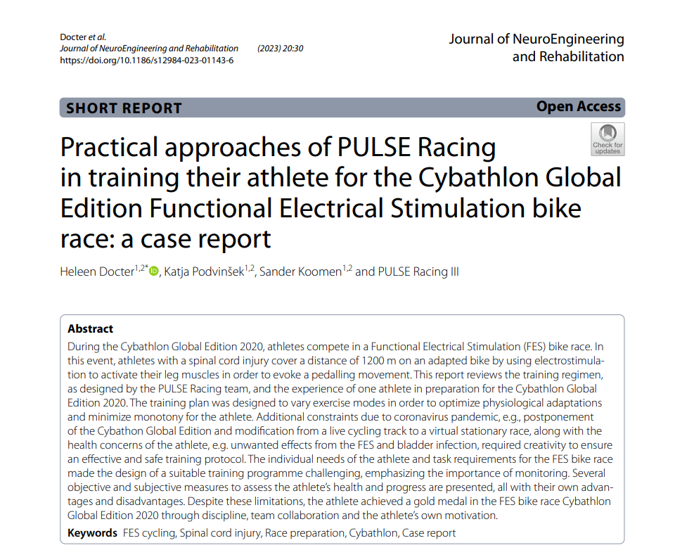 De organisatie heeft ons destijds gevraagd om een wetenschappelijk artikel te schrijven over onze voorbereidingen, onze weg naar de Cybathlon en welke zaken we gedurende het proces hebben geleerd. Oude PULSE-leden Heleen Docter en Katja Podvinsek zijn hier de afgelopen jaren druk mee bezig geweest en dat heeft geleidt tot een super mooie publicatie! Je kan hem hier lezen. &nbsp;&nbsp;